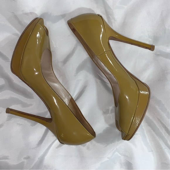 DIOR size 39 mustard yellow patent leather PEEP TOE platform STILLETO pumps - Picture 15 of 15